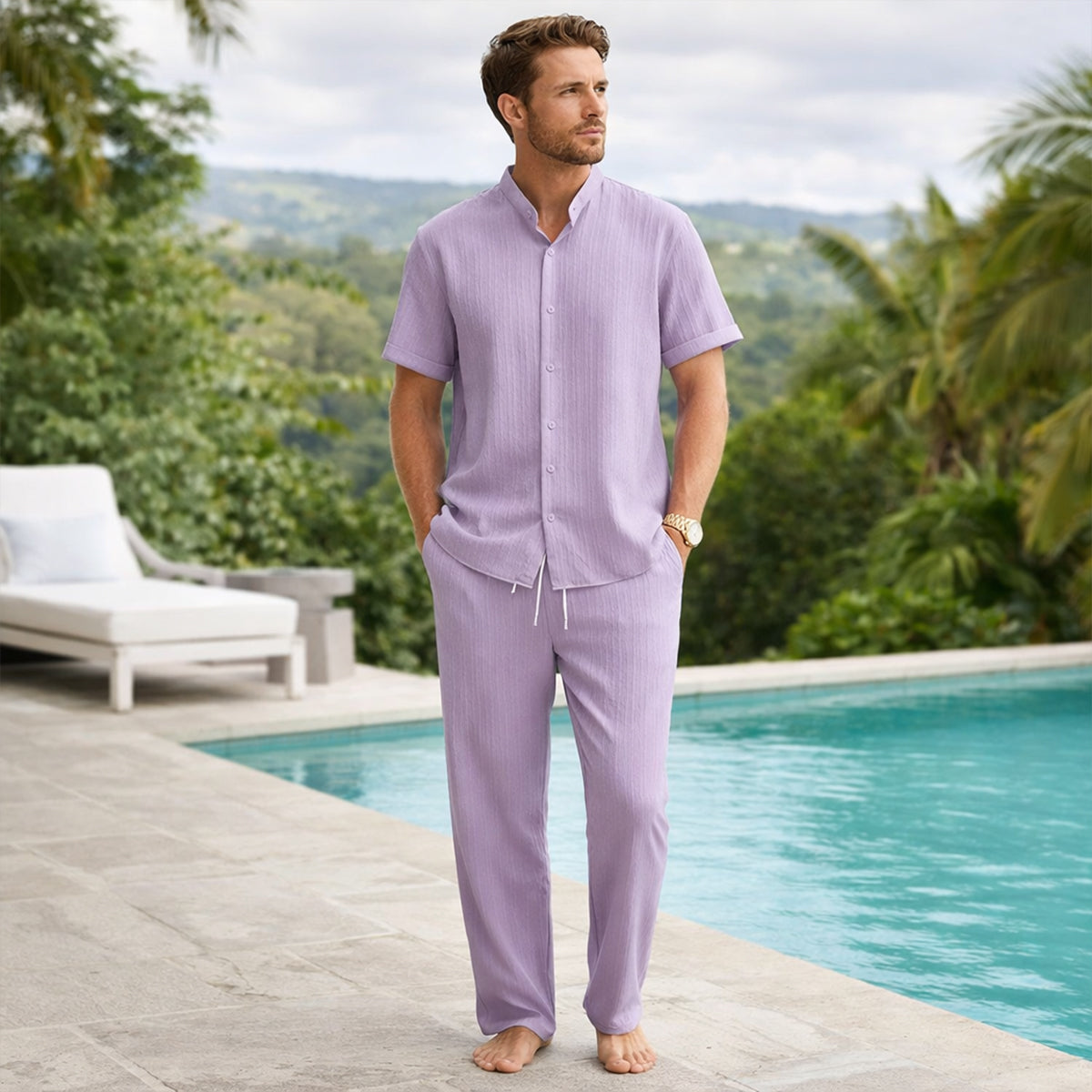 Men's Textured Stand Collar Shirt Trousers Co-ord Set Summer