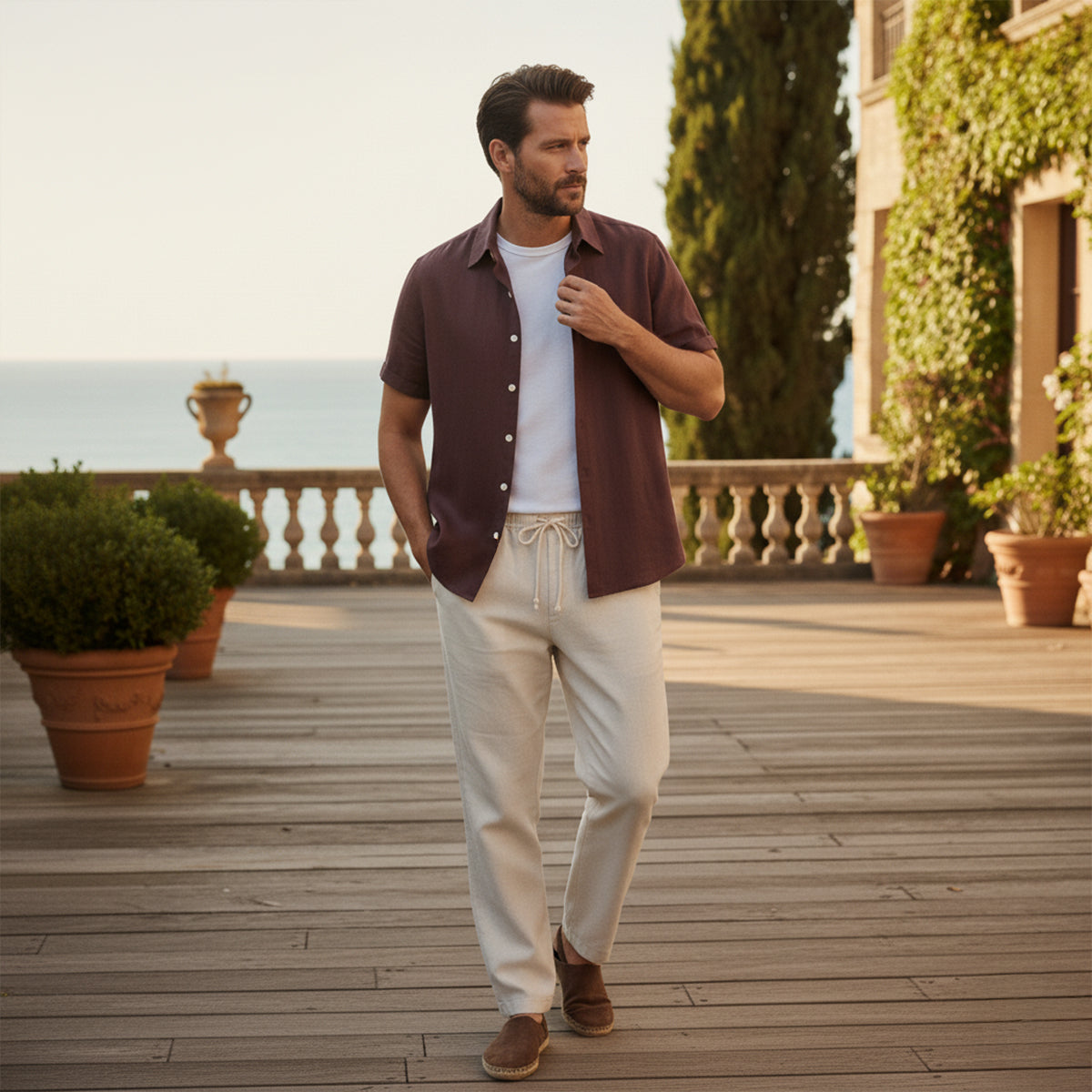 Men's Linen Short Sleeve Shirt Drawstring Trousers Set Summer