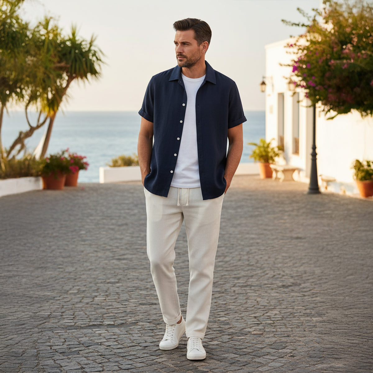 Men's Linen Short Sleeve Shirt Drawstring Trousers Set Summer