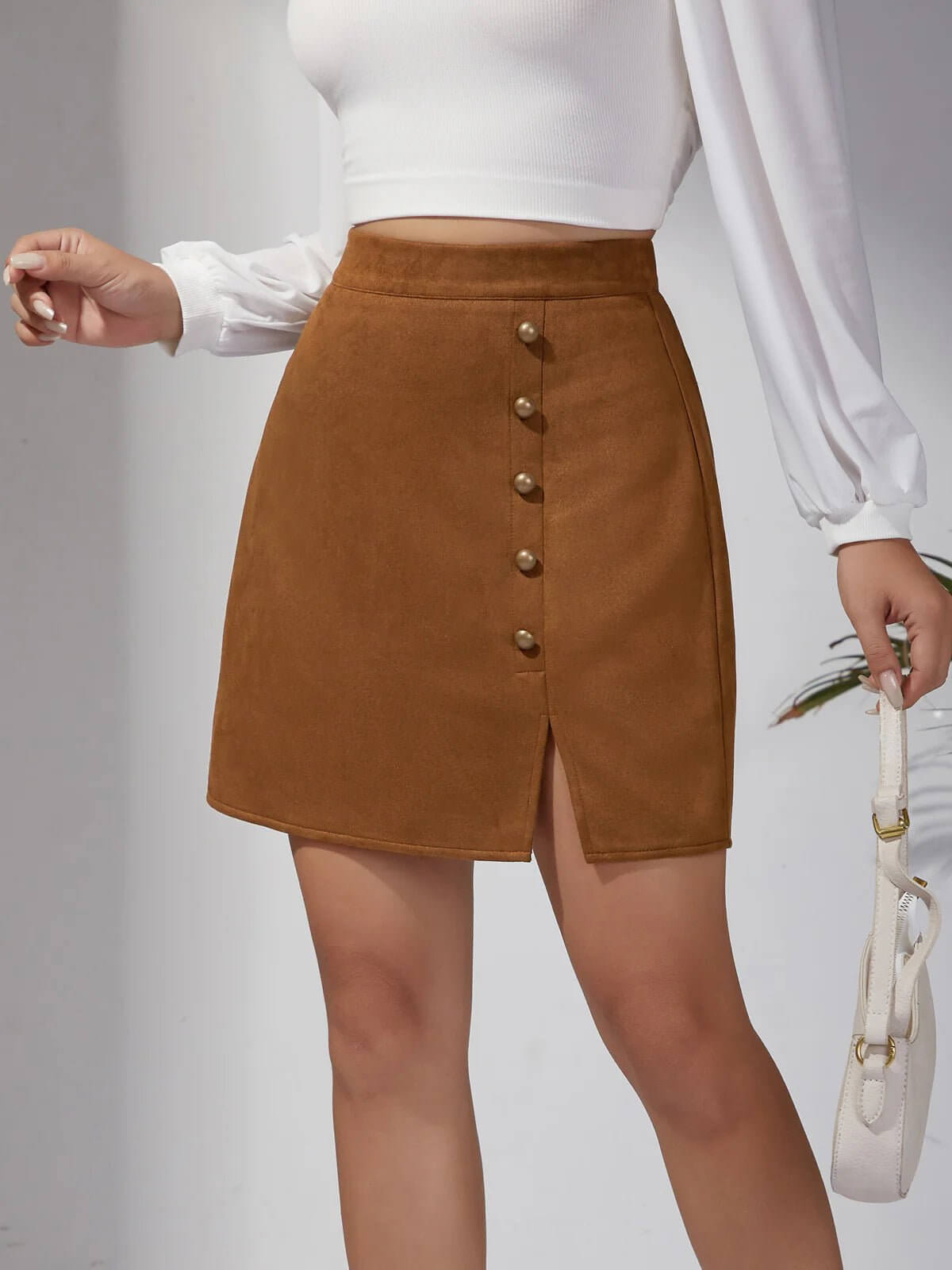 Nina – Suede Look Button Mini Skirt with Front Slit - Lena Muse