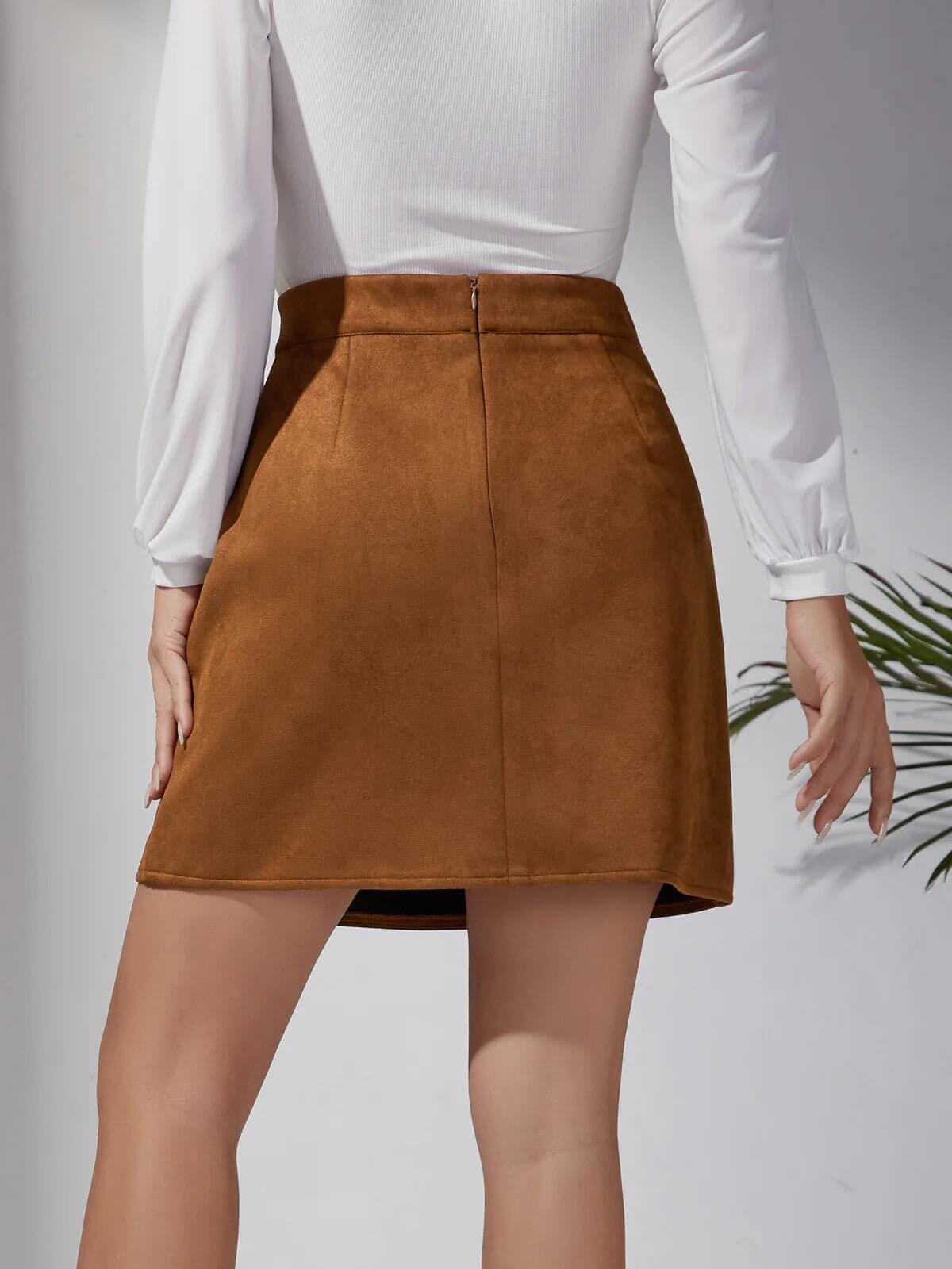 Nina – Suede Look Button Mini Skirt with Front Slit - Lena Muse
