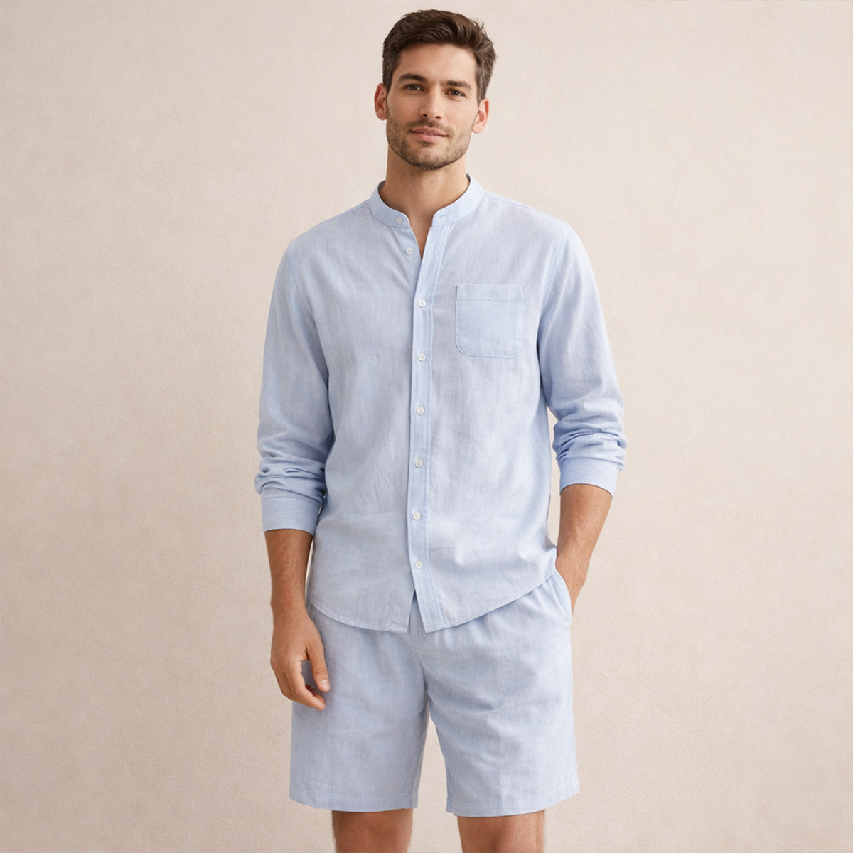 The Mykonos Men's Two Piece Set, Mandarin Collar Shirt and Drawstring Shorts