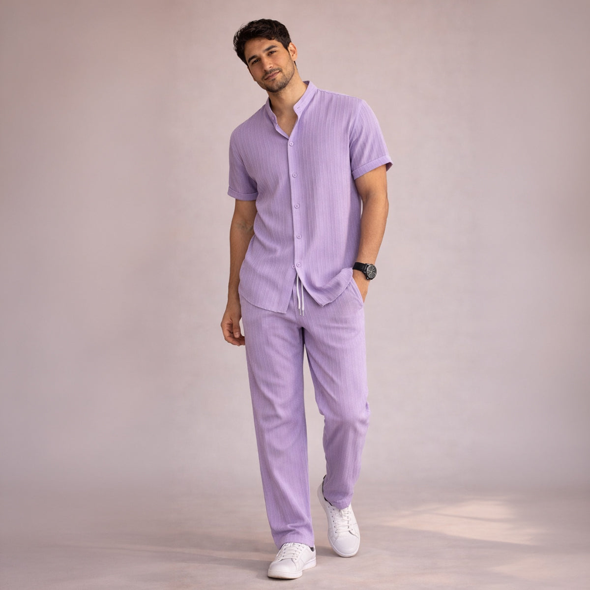 Men's Textured Stand Collar Shirt Trousers Co-ord Set Summer