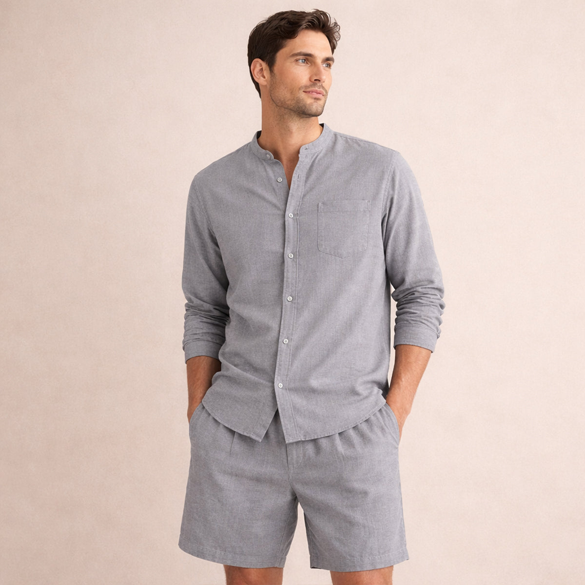 The Mykonos Men's Two Piece Set, Mandarin Collar Shirt and Drawstring Shorts