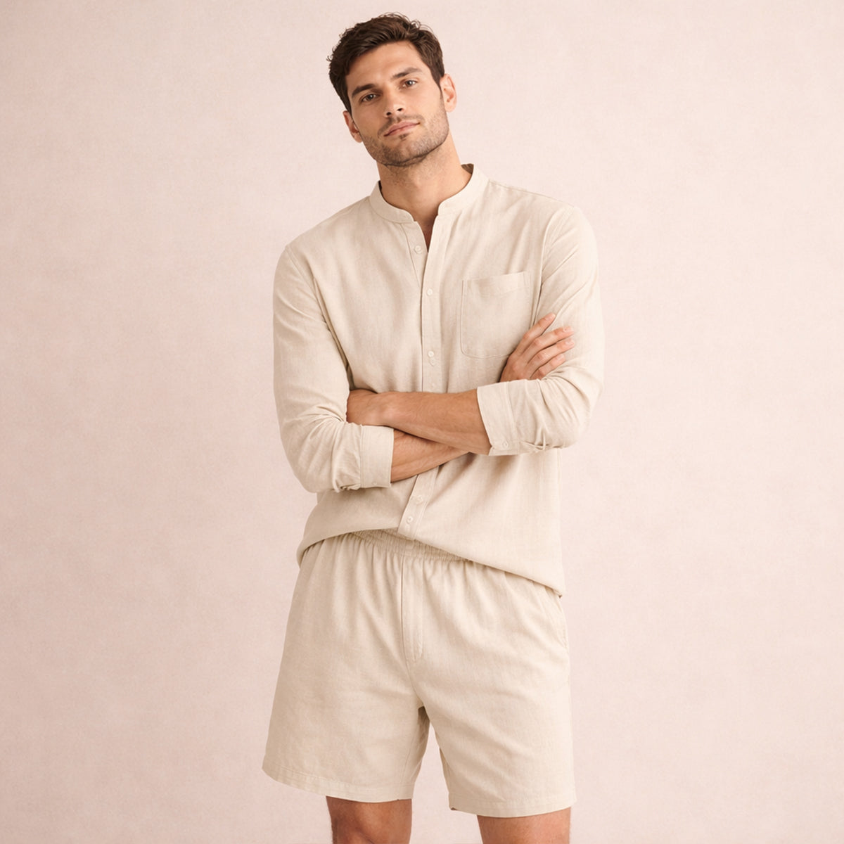 The Mykonos Men's Two Piece Set, Mandarin Collar Shirt and Drawstring Shorts