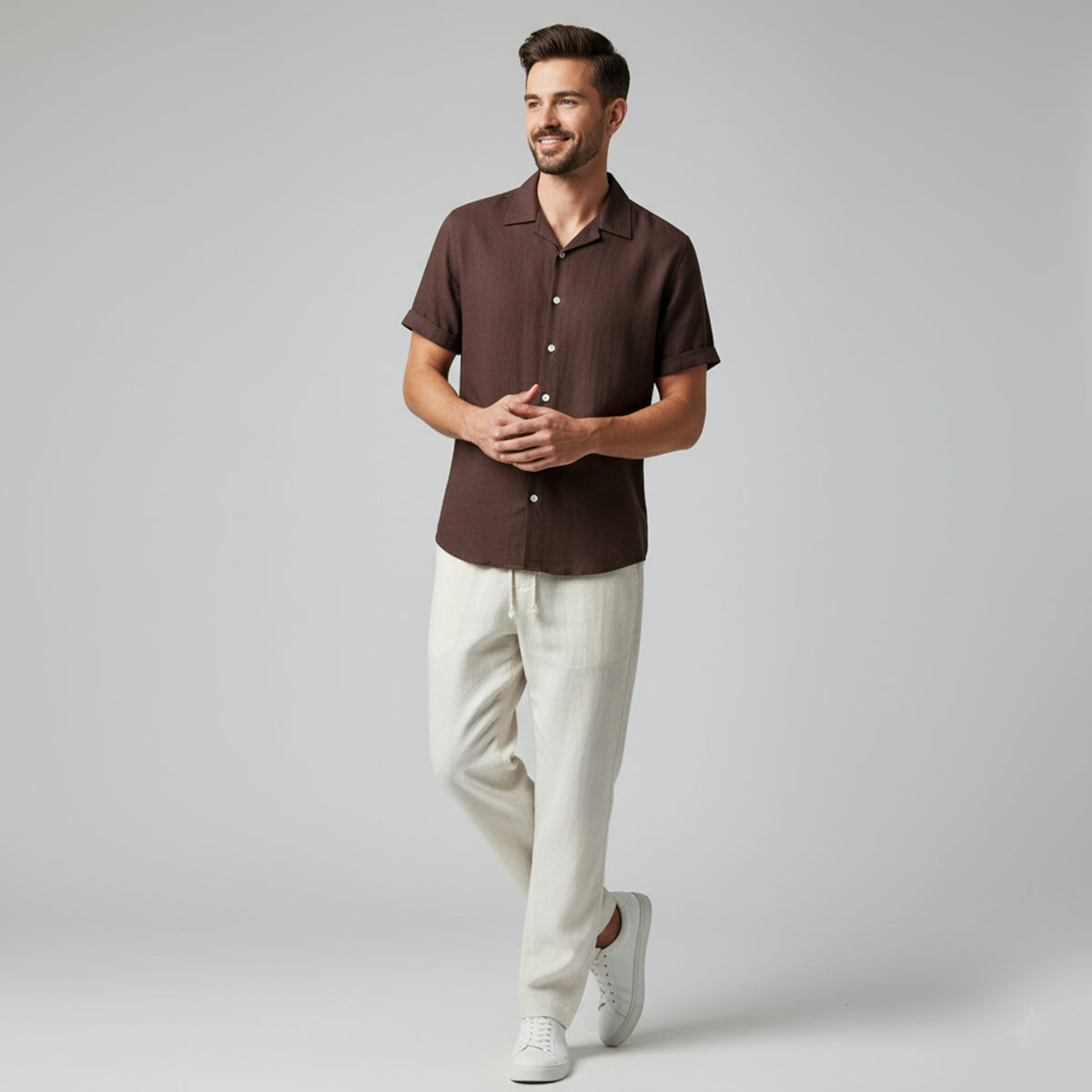 Men's Linen Short Sleeve Shirt Drawstring Trousers Set Summer