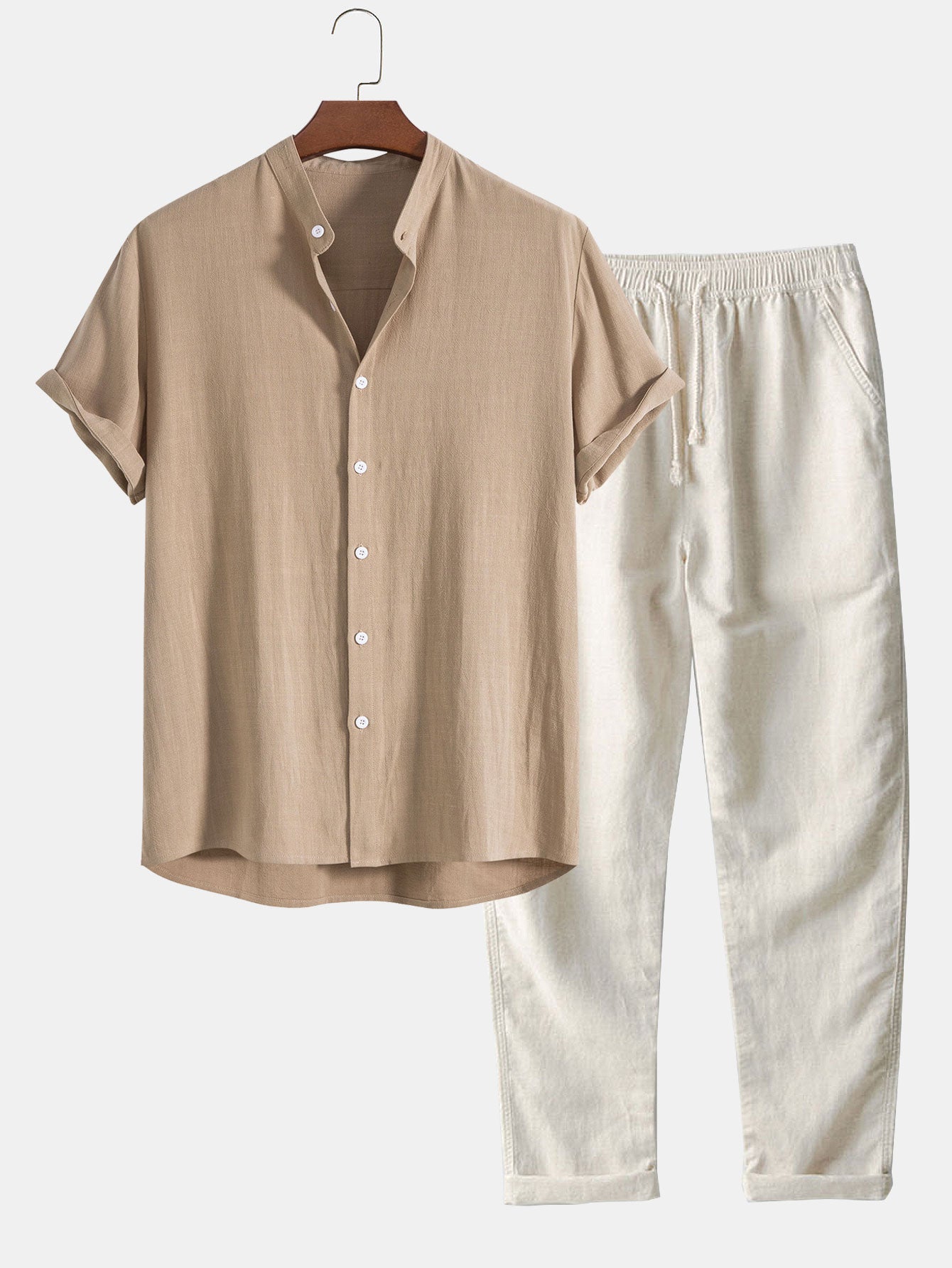 Men's Stand Collar Shirt Trousers Co-ord Set Summer