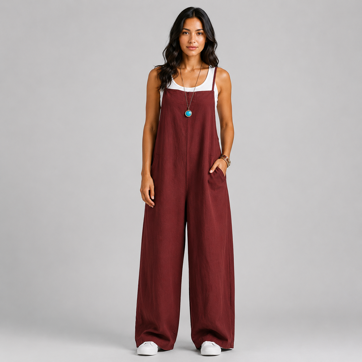 Women's Linen Wide Leg Pants Dungaree Jumpsuit