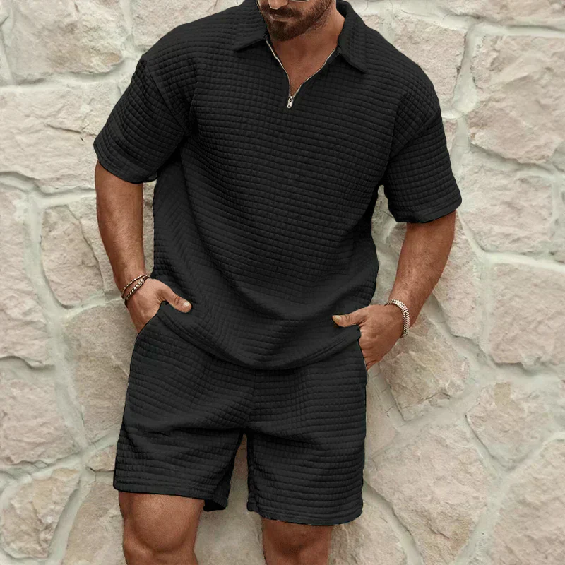 Men's Two Piece Waffle Texture Zip Polo Shirt and Shorts Set Summer
