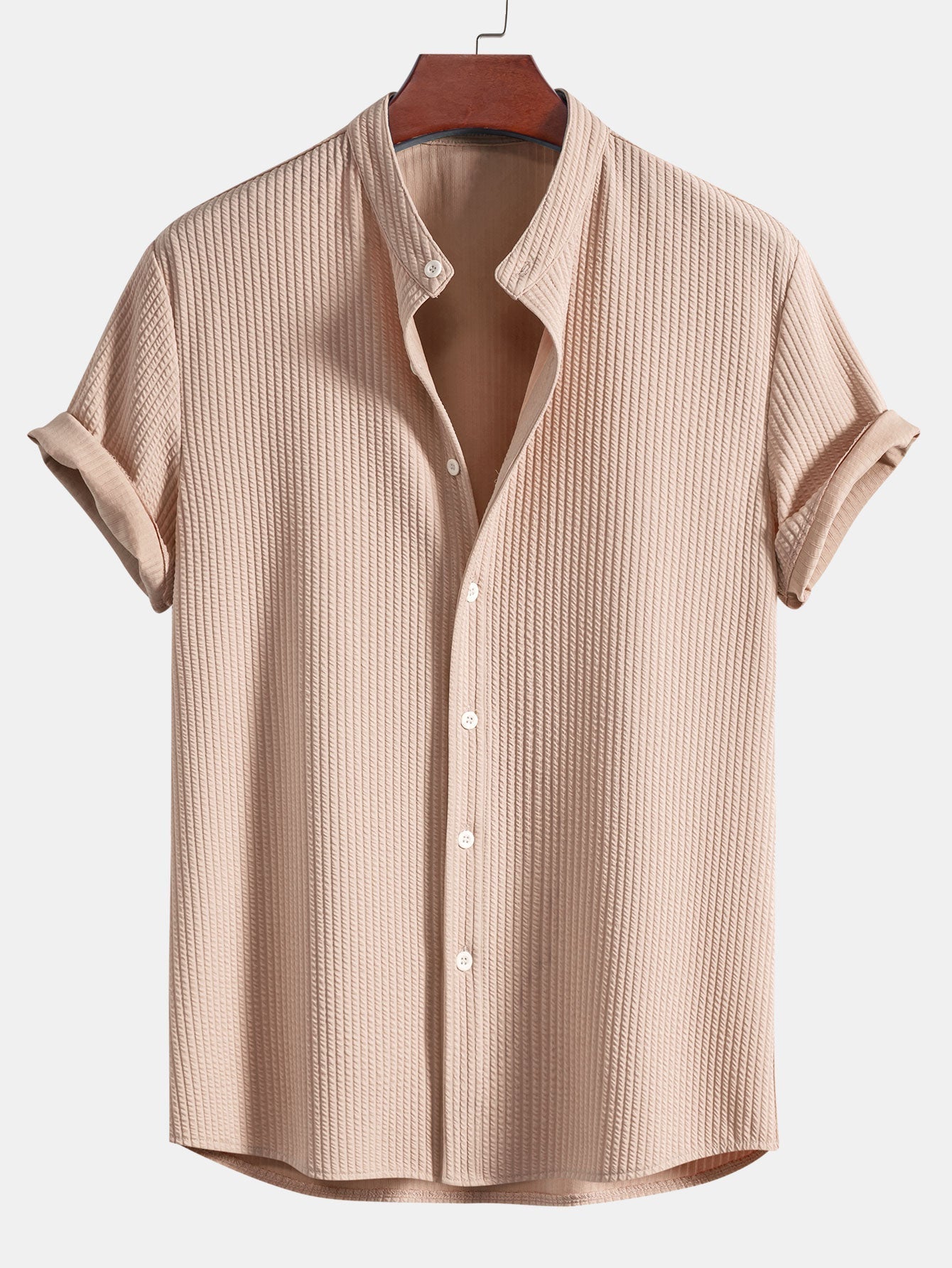 Men's Short Sleeve Textured Shirt Stand Up Collar Summer
