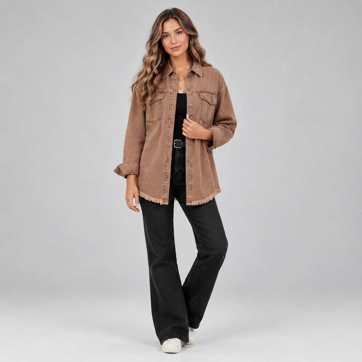Women's Oversized Snap-Button Denim Jacket on a model, colour option