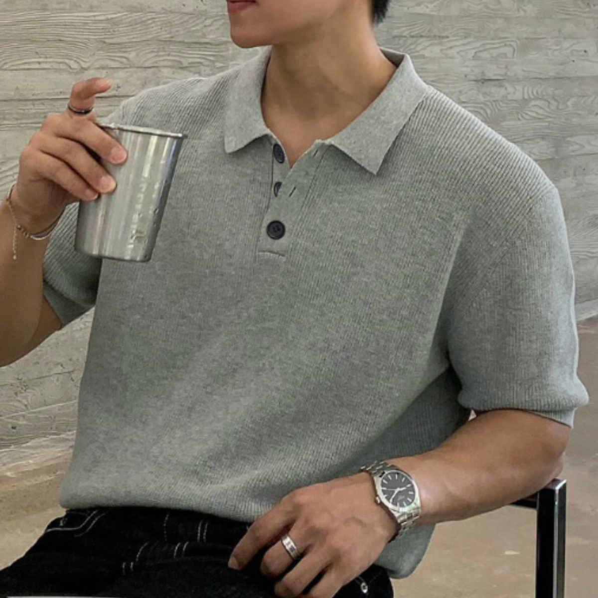 Men's Casual Solid-Knit Short-Sleeve Polo Shirt