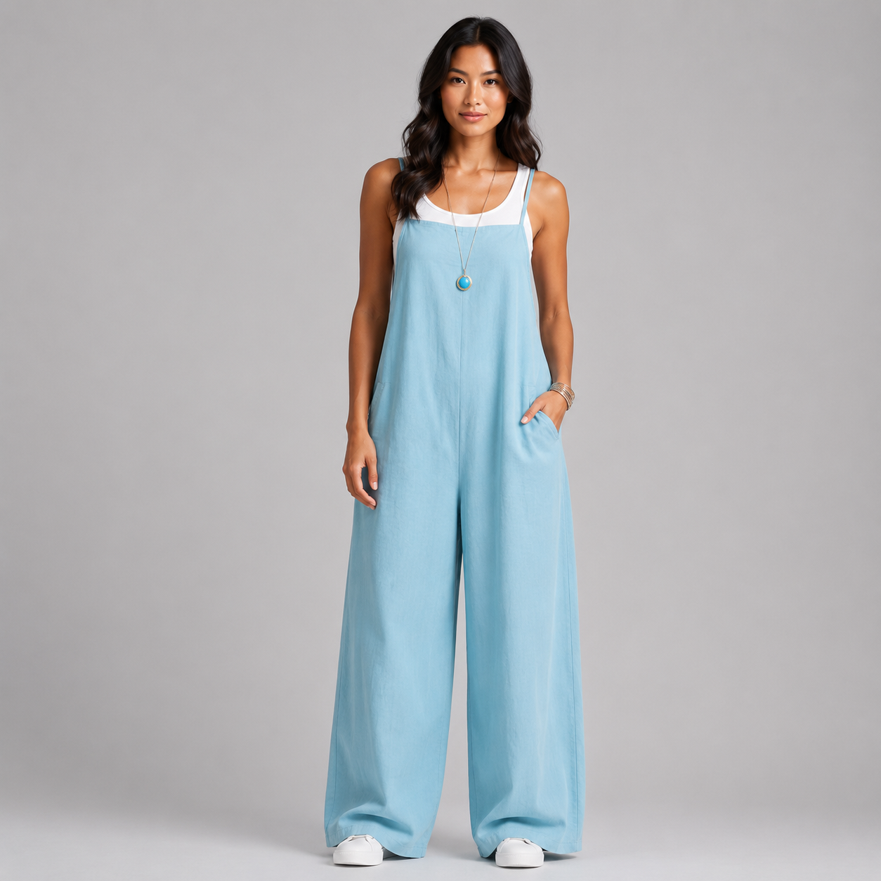 Women's Linen Wide Leg Pants Dungaree Jumpsuit