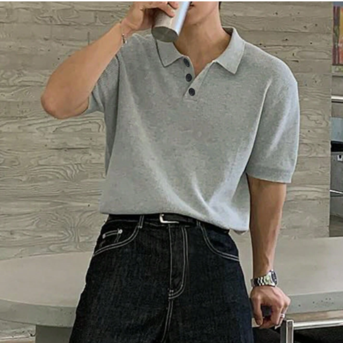Men's Casual Solid-Knit Short-Sleeve Polo Shirt