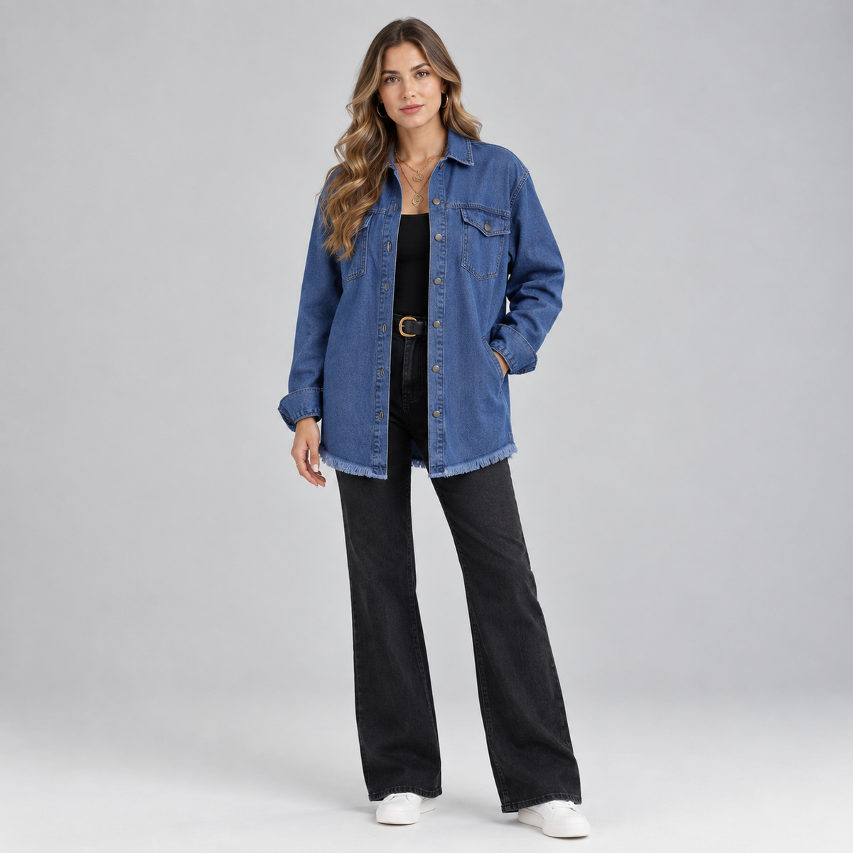 Women's Oversized Snap-Button Denim Jacket on a model, colour option