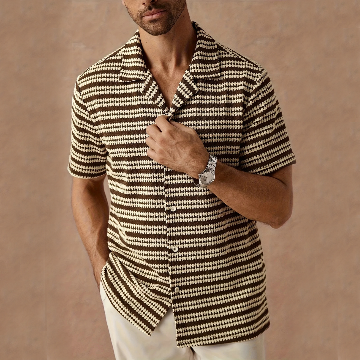 Men's Textured Knit Striped Camp Collar Short Sleeve Shirt