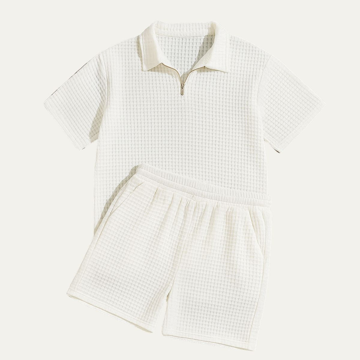Men's Two Piece Waffle Texture Zip Polo Shirt and Shorts Set Summer