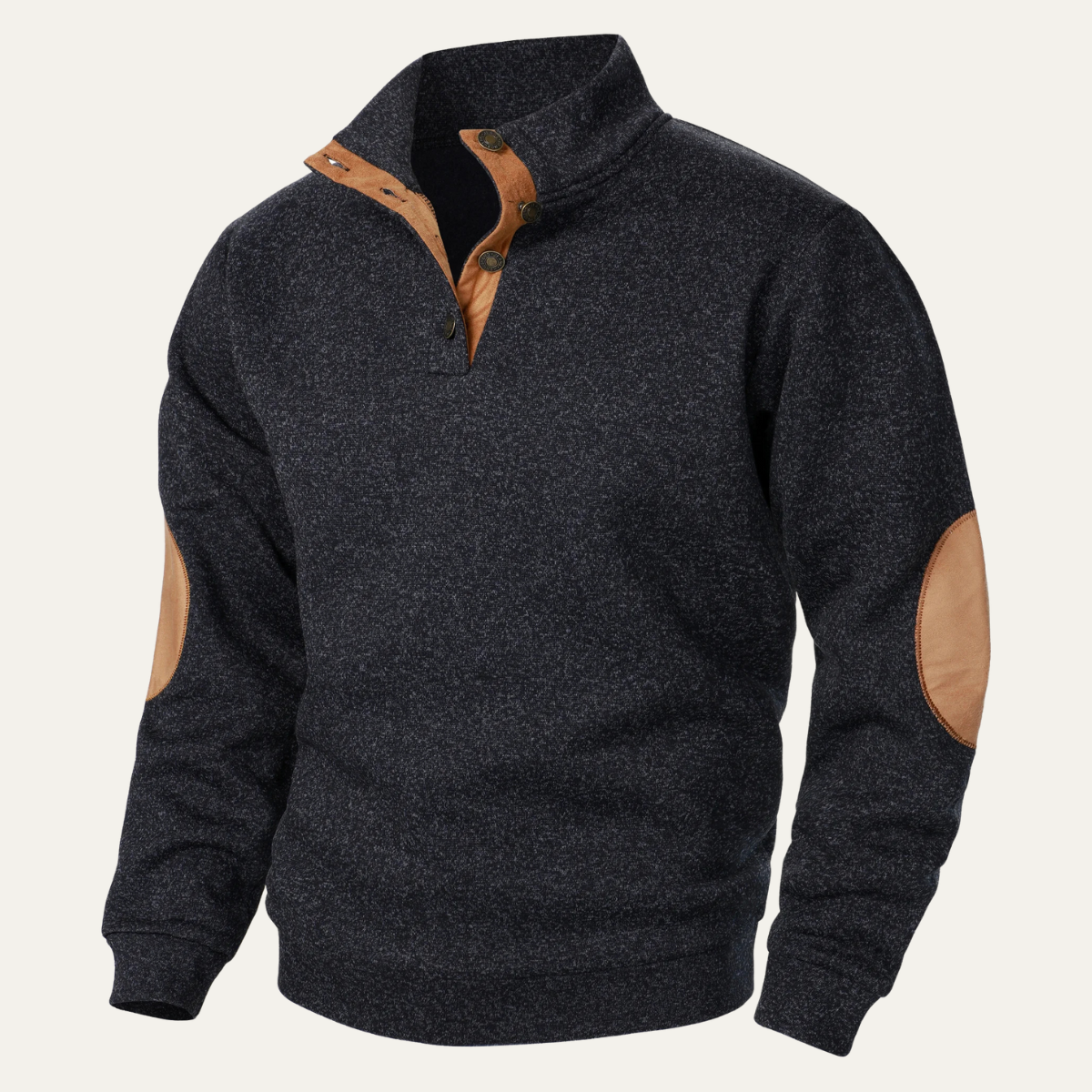 Men’s Stand Collar Fleece Sweater with Suede Elbow Patches