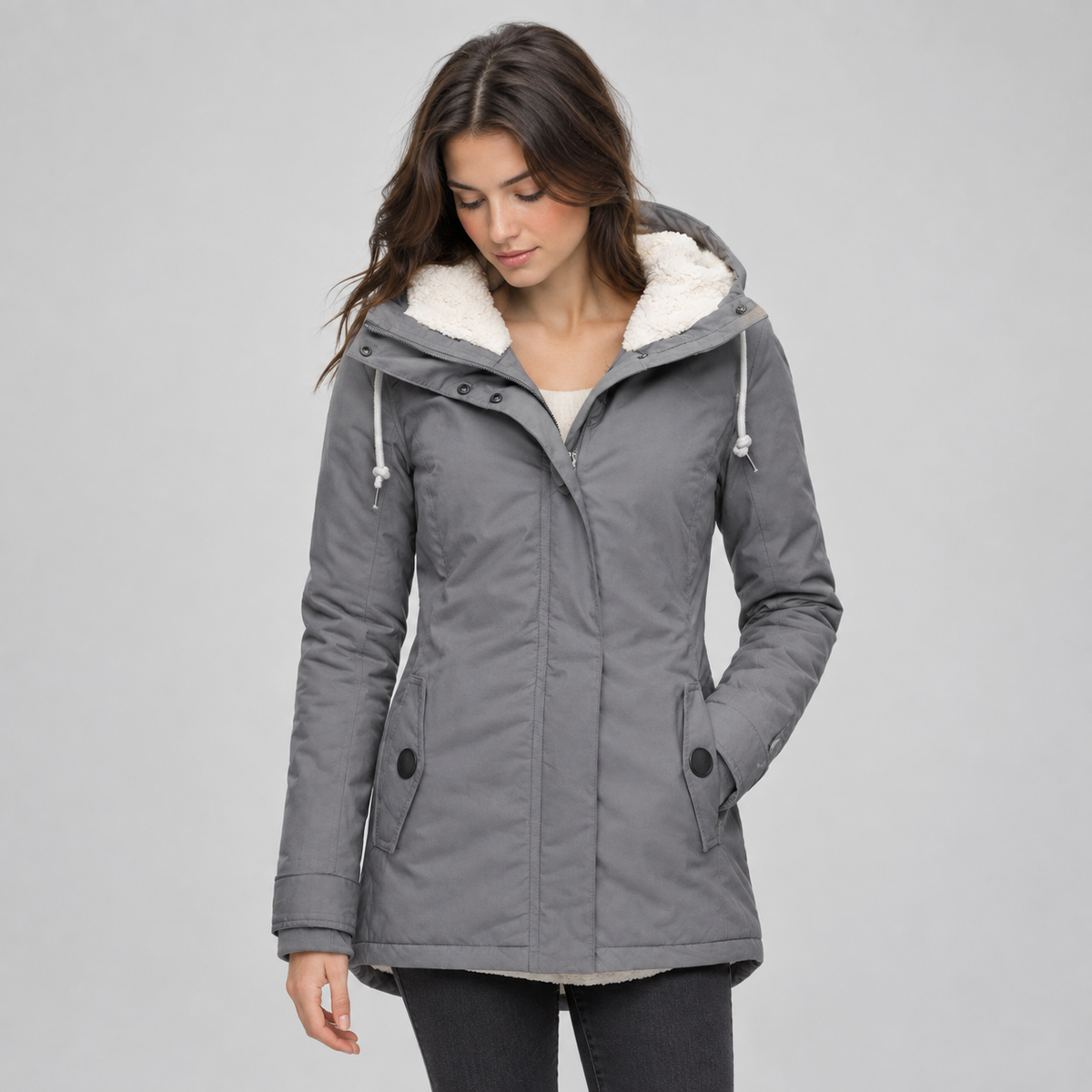 Women's Sherpa-Lined Hooded Quilted Jacket on a model, front detail