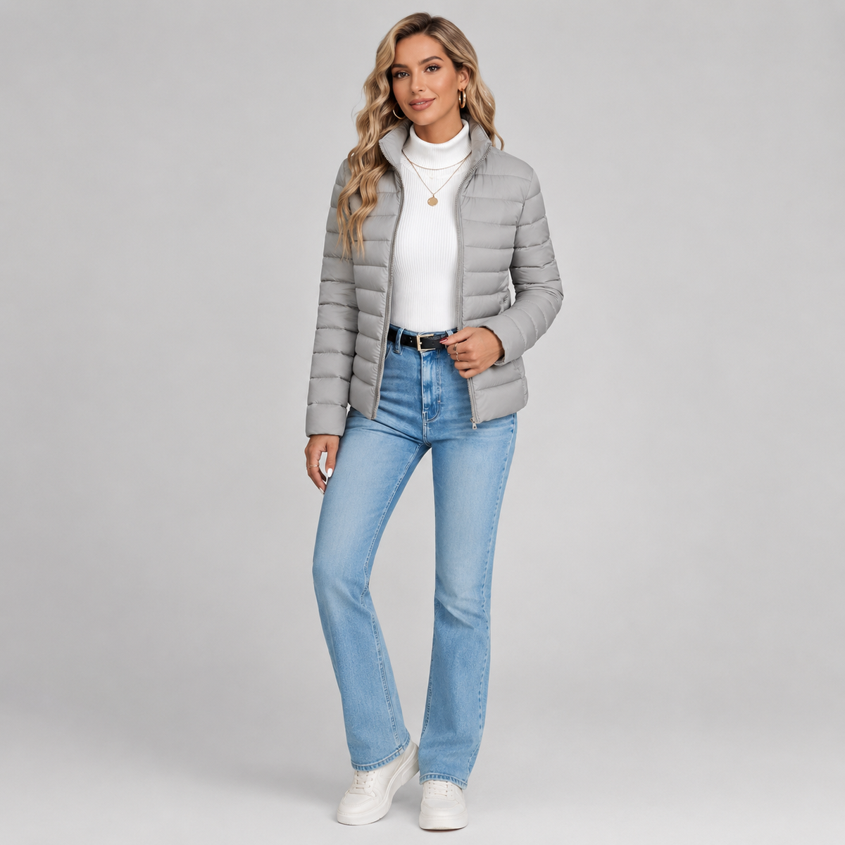 Women's Lightweight Quilted Puffer Coat on a model, colour option