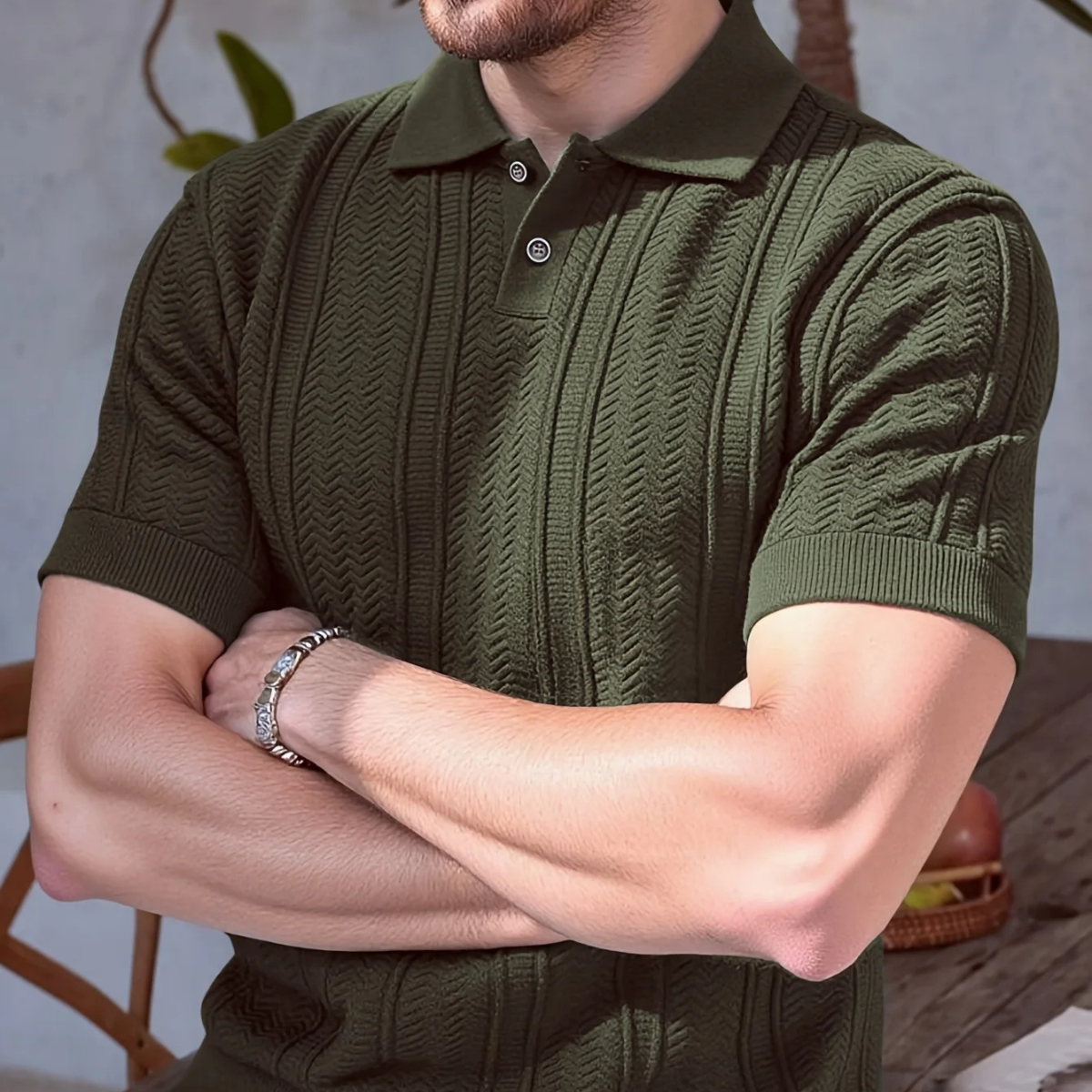 Men's Textured Knit Short Sleeve Polo Shirt
