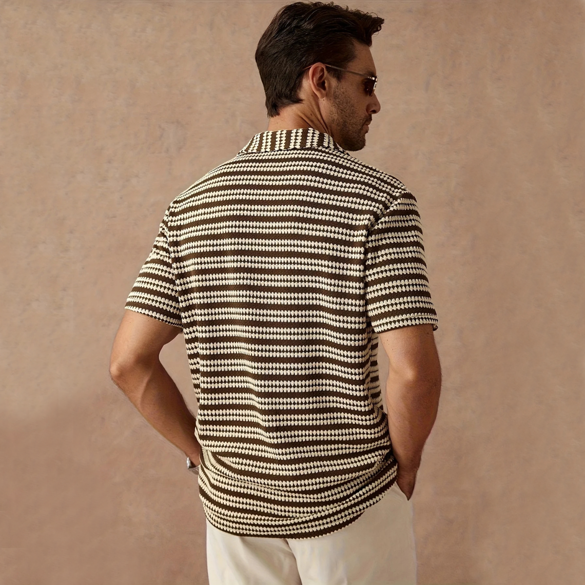 Men's Textured Knit Striped Camp Collar Short Sleeve Shirt
