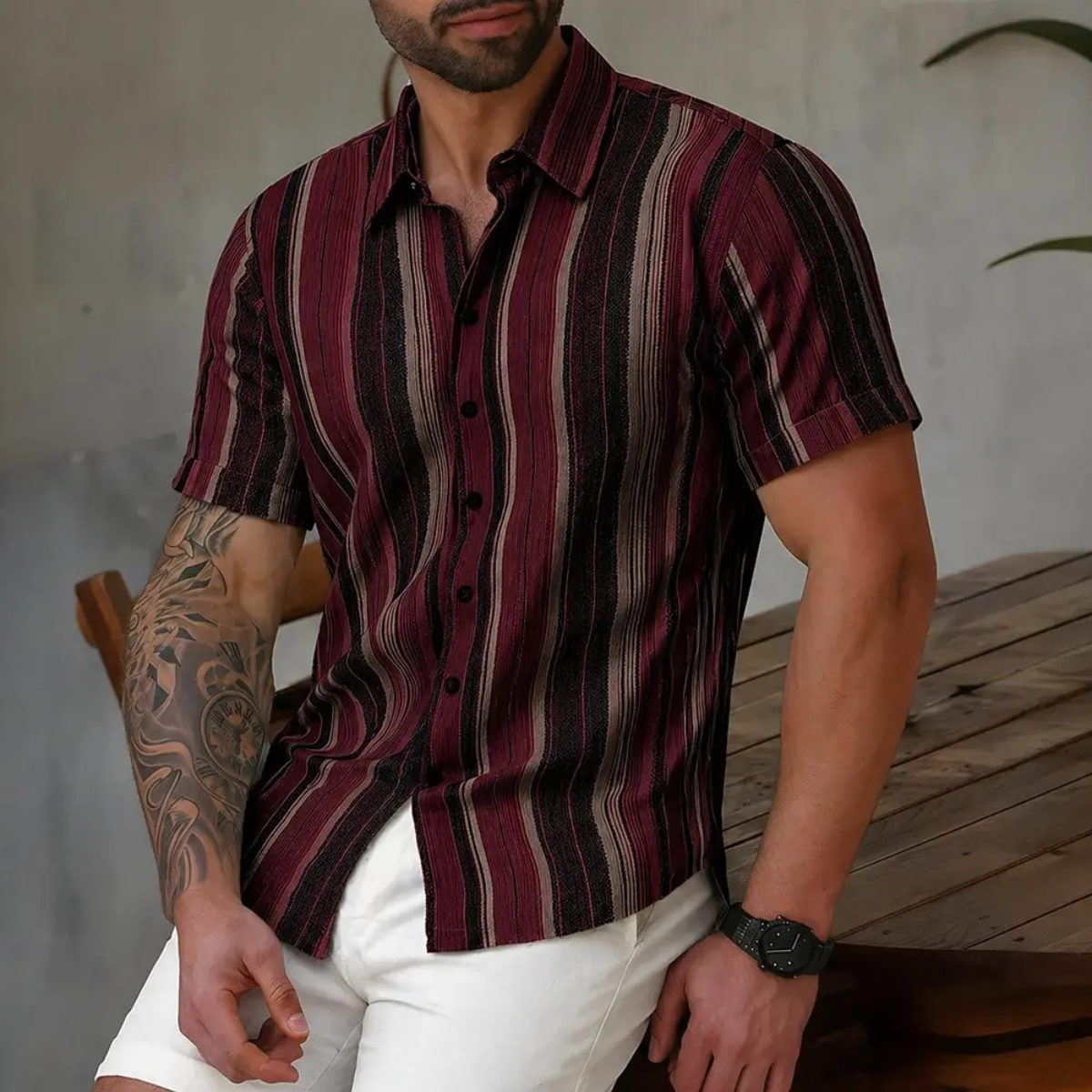 Men's Vertical Striped Short Sleeve Button-Down Summer Shirt