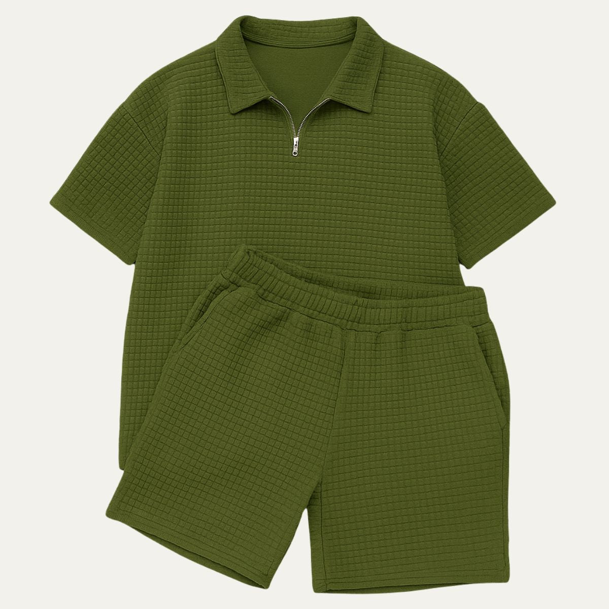 Men's Two Piece Waffle Texture Zip Polo Shirt and Shorts Set Summer
