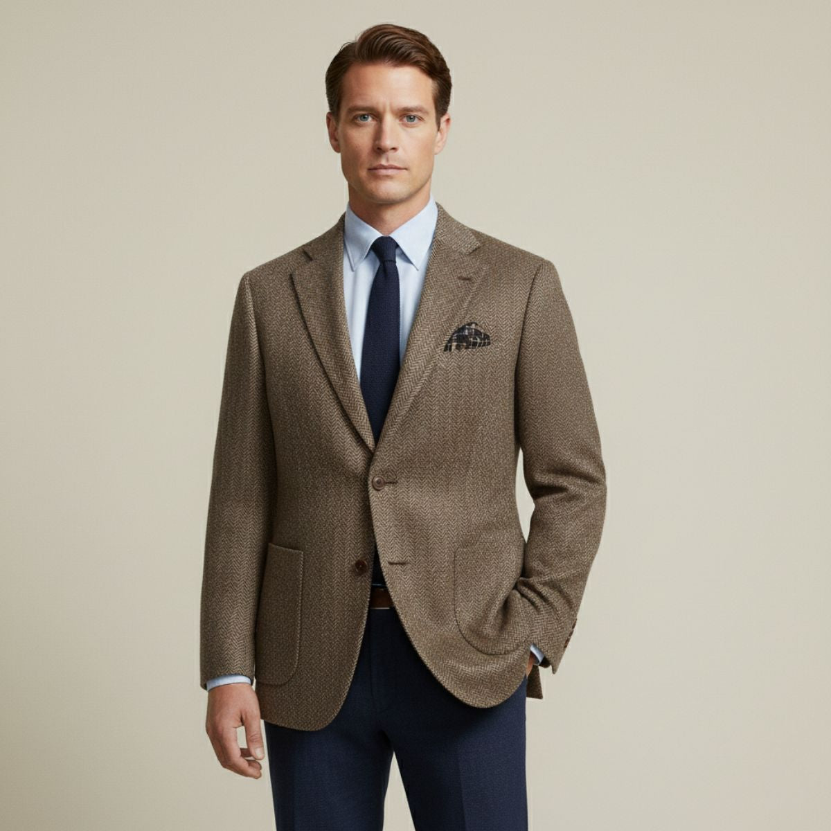 Men’s Herringbone Single-Breasted Wool Tweed Blazer Jacket