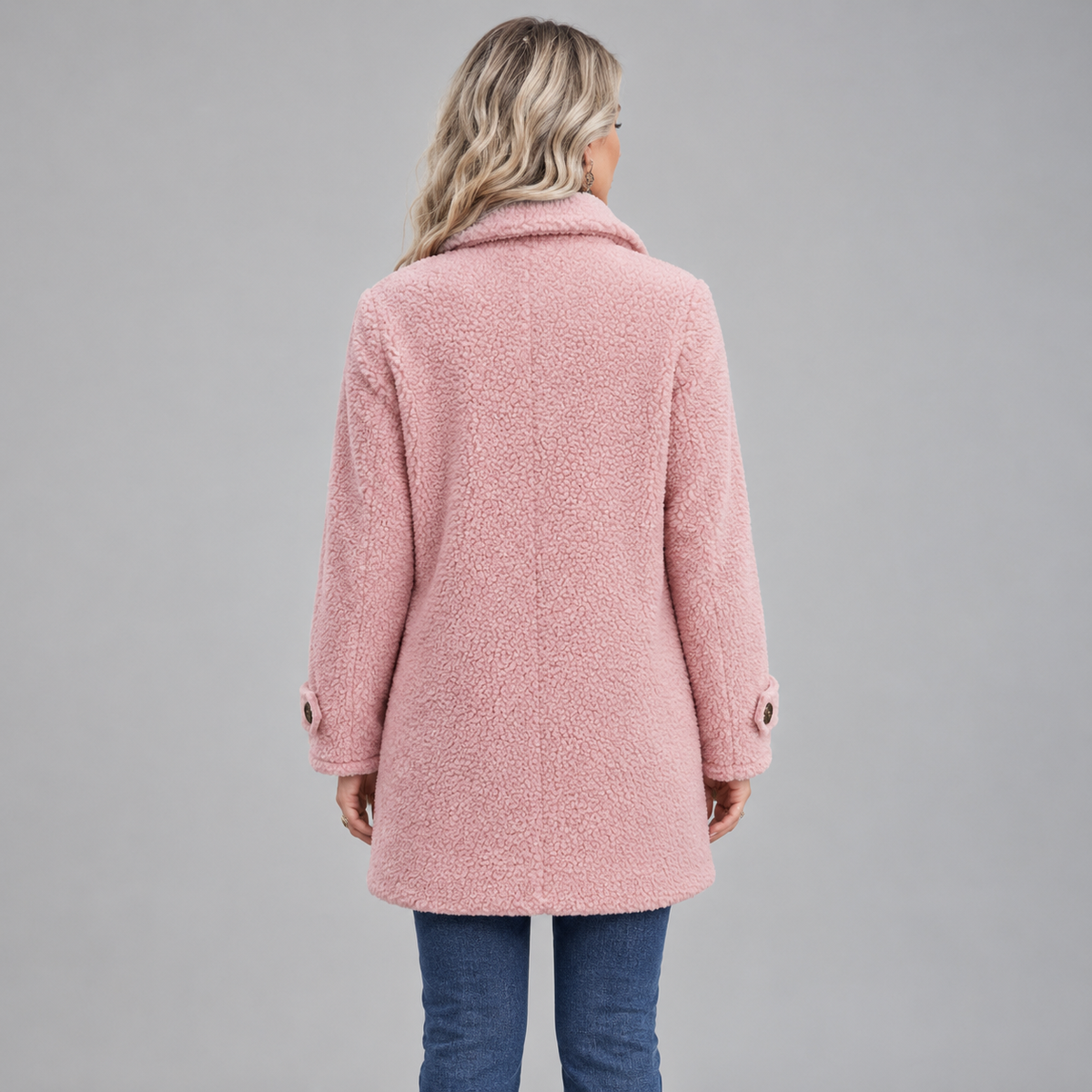 Women's Fluffy Teddy Fleece Full-Zip Jacket on a model, back view