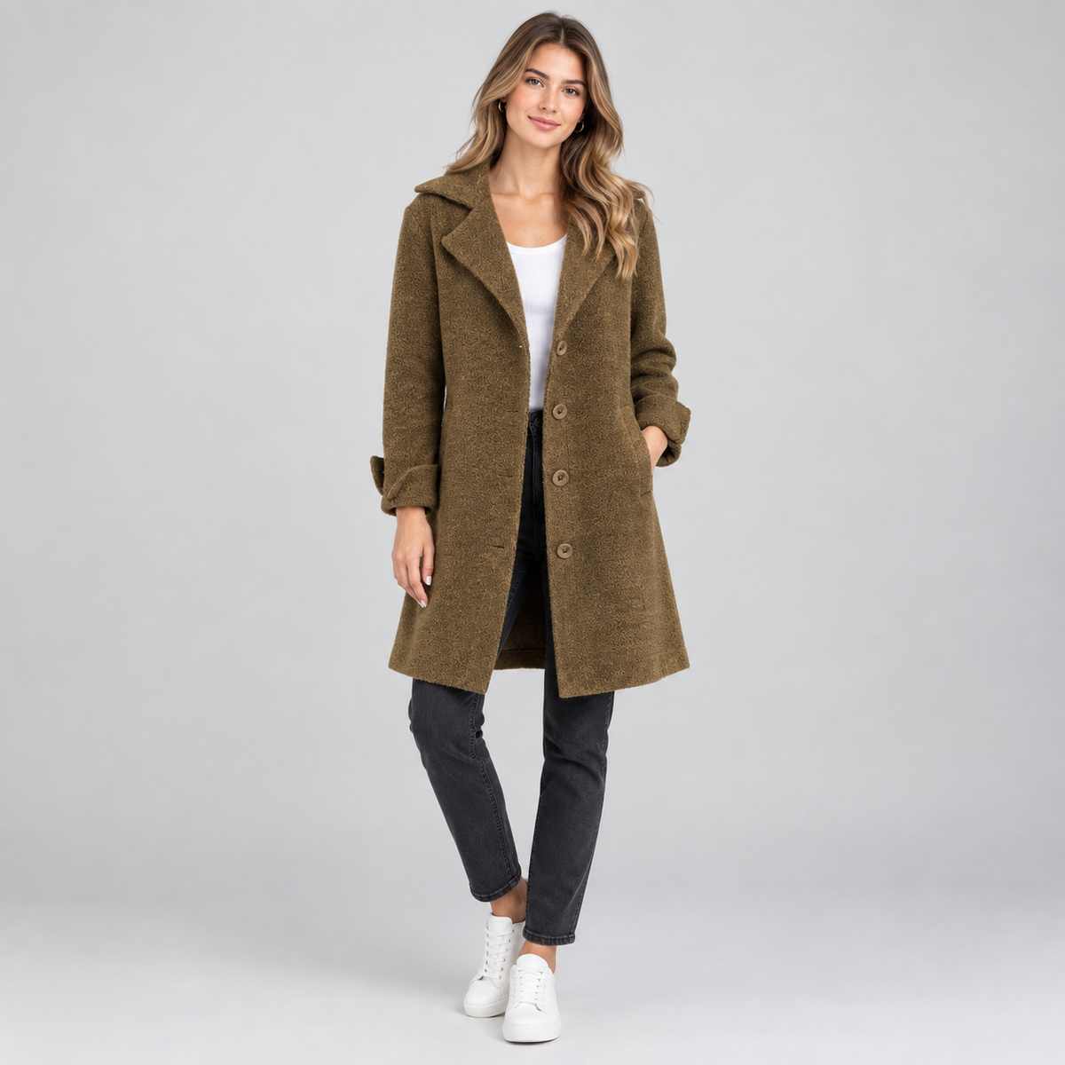 Women's Longline Button-Front Lapel Coat on a model, colour option