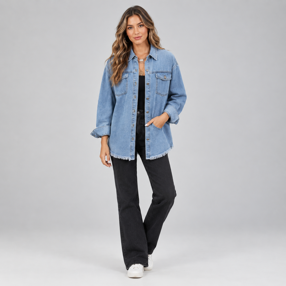 Women's Oversized Snap-Button Denim Jacket on a model, colour option