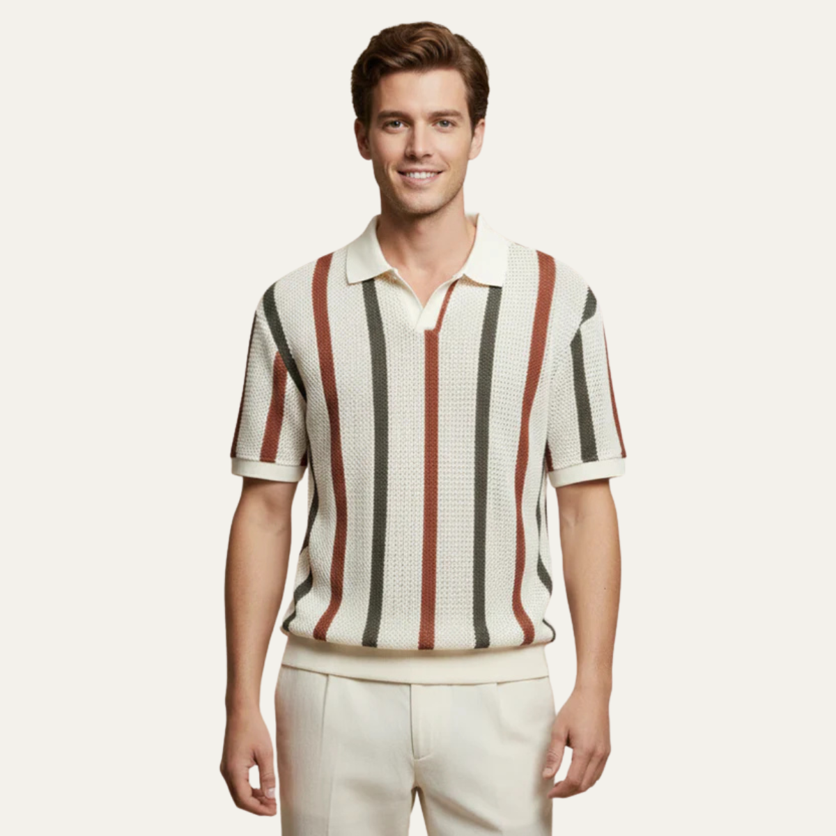 Men's Vintage Striped Knit Polo Shirt Short Sleeve Summer