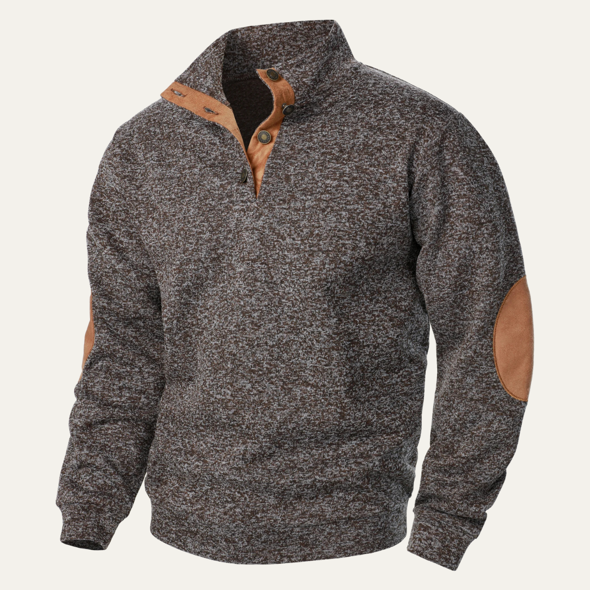 Men’s Stand Collar Fleece Sweater with Suede Elbow Patches