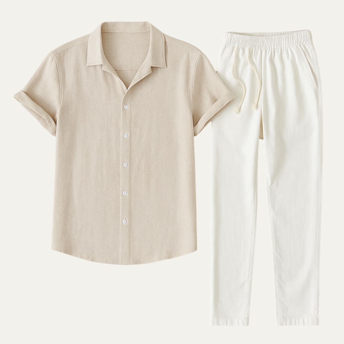 Men's Linen Short Sleeve Shirt Drawstring Trousers Set Summer