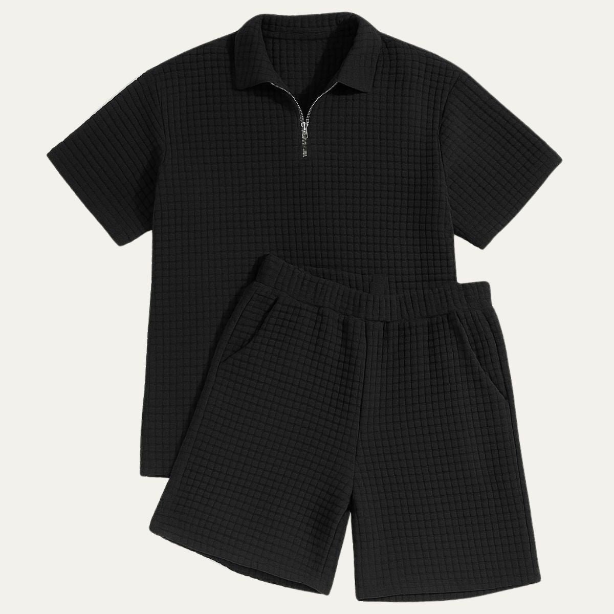 Men's Two Piece Waffle Texture Zip Polo Shirt and Shorts Set Summer