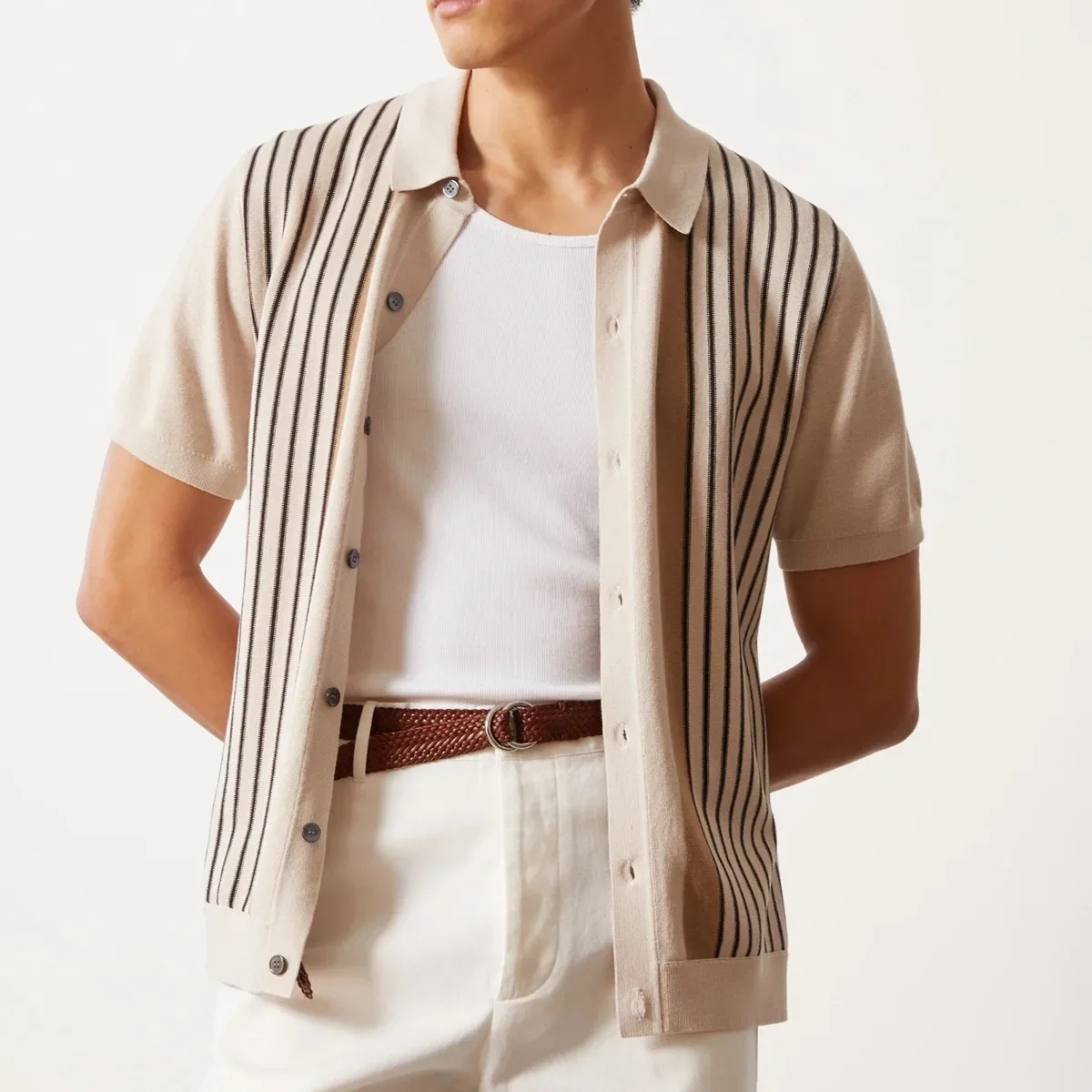Men's Striped Knit Button Through Polo Shirt Summer