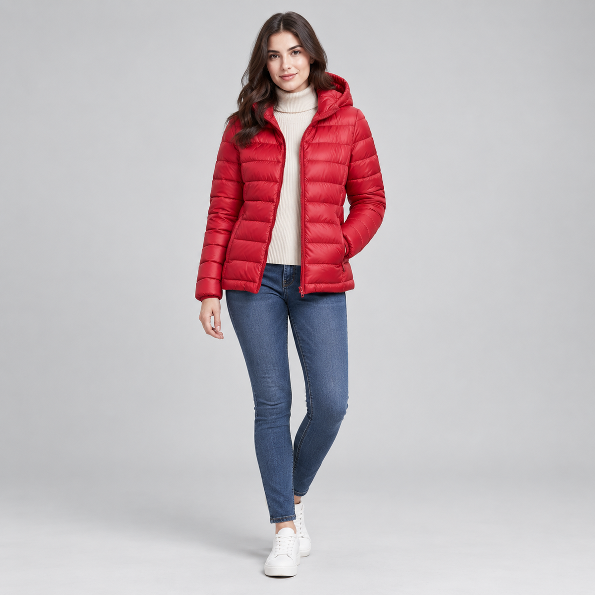 Women's Lightweight Hooded Quilted Jacket on a model, colour option