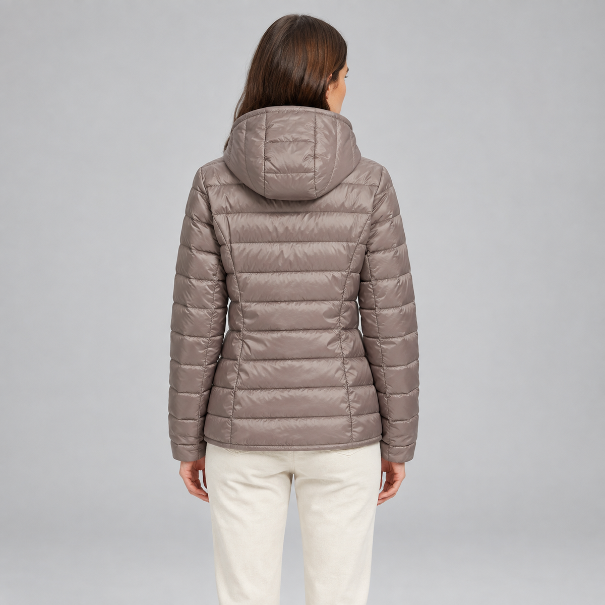 Women's Lightweight Hooded Quilted Jacket on a model, back view