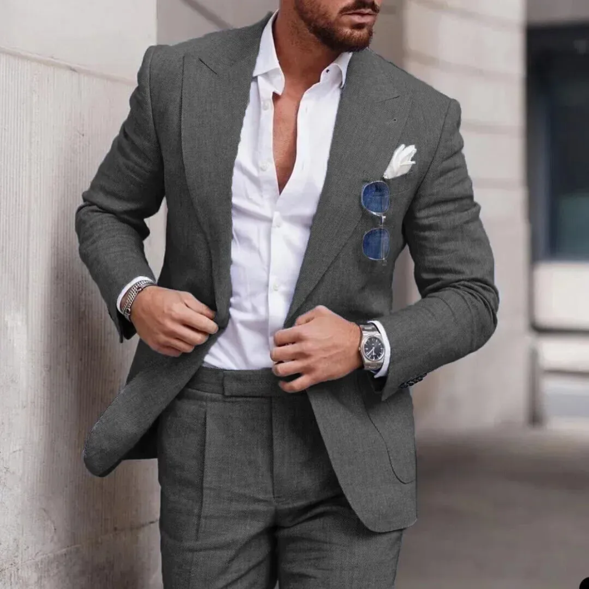 Men's Linen Peak Lapel Two Piece Blazer and Trouser Suit Set