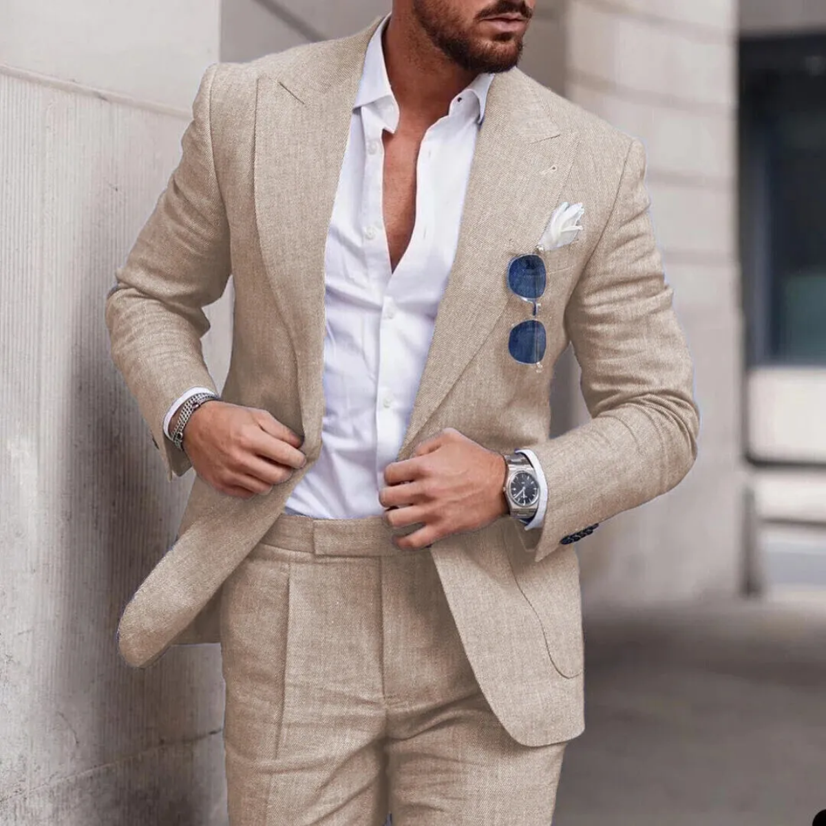 Men's Linen Peak Lapel Two Piece Blazer and Trouser Suit Set