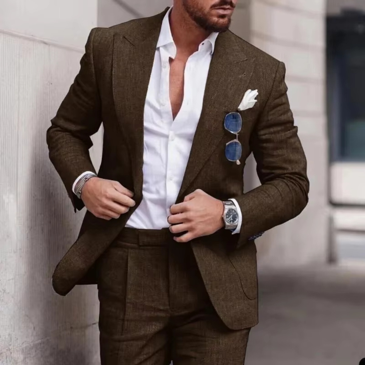 Men's Linen Peak Lapel Two Piece Blazer and Trouser Suit Set