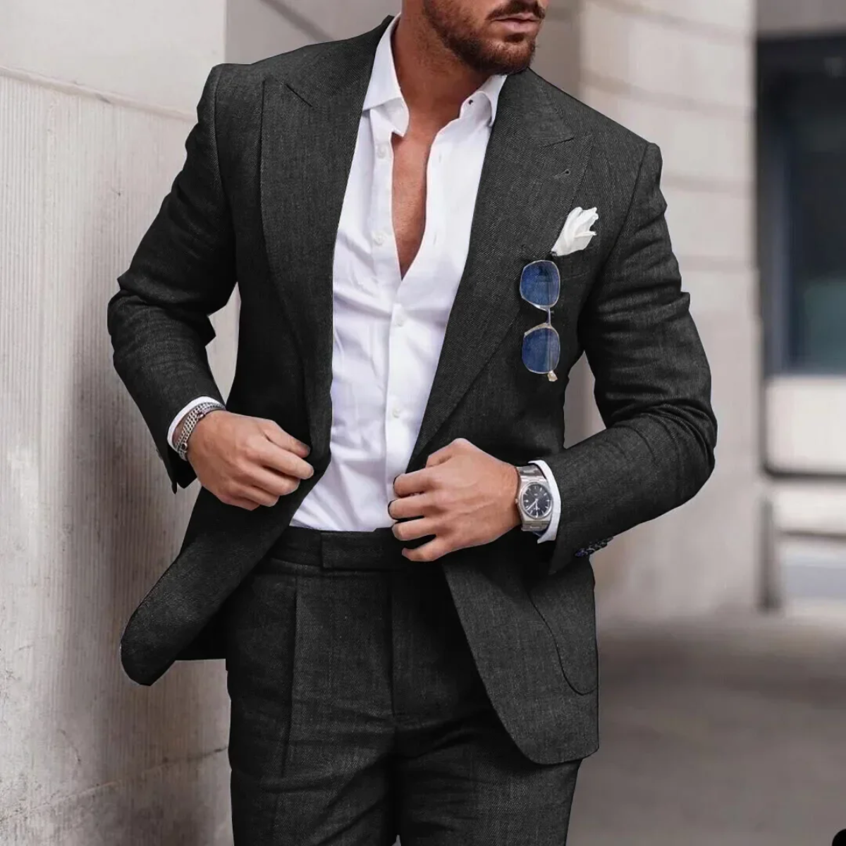 Men's Linen Peak Lapel Two Piece Blazer and Trouser Suit Set