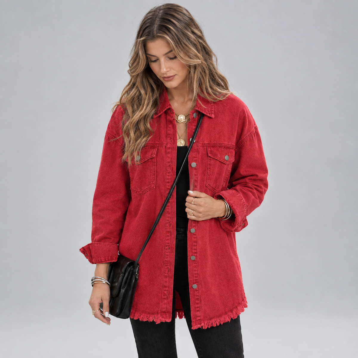 Women's Oversized Snap-Button Denim Jacket on a model, front detail