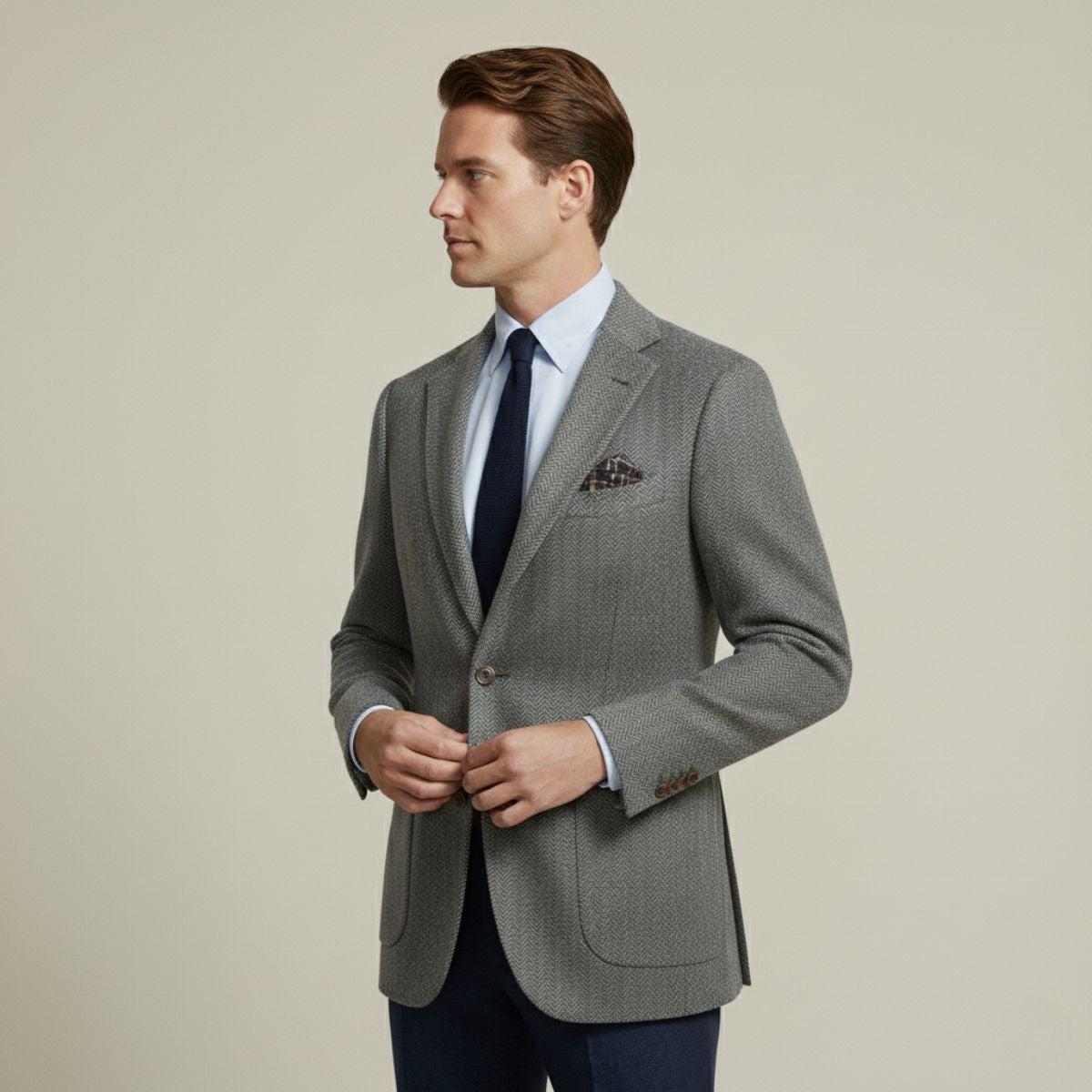 Men’s Herringbone Single-Breasted Wool Tweed Blazer Jacket