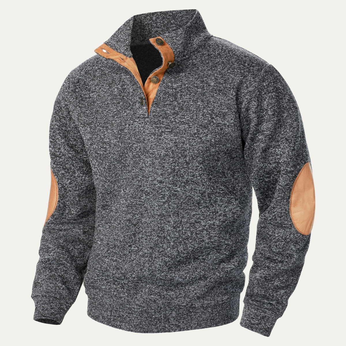 Men’s Stand Collar Fleece Sweater with Suede Elbow Patches