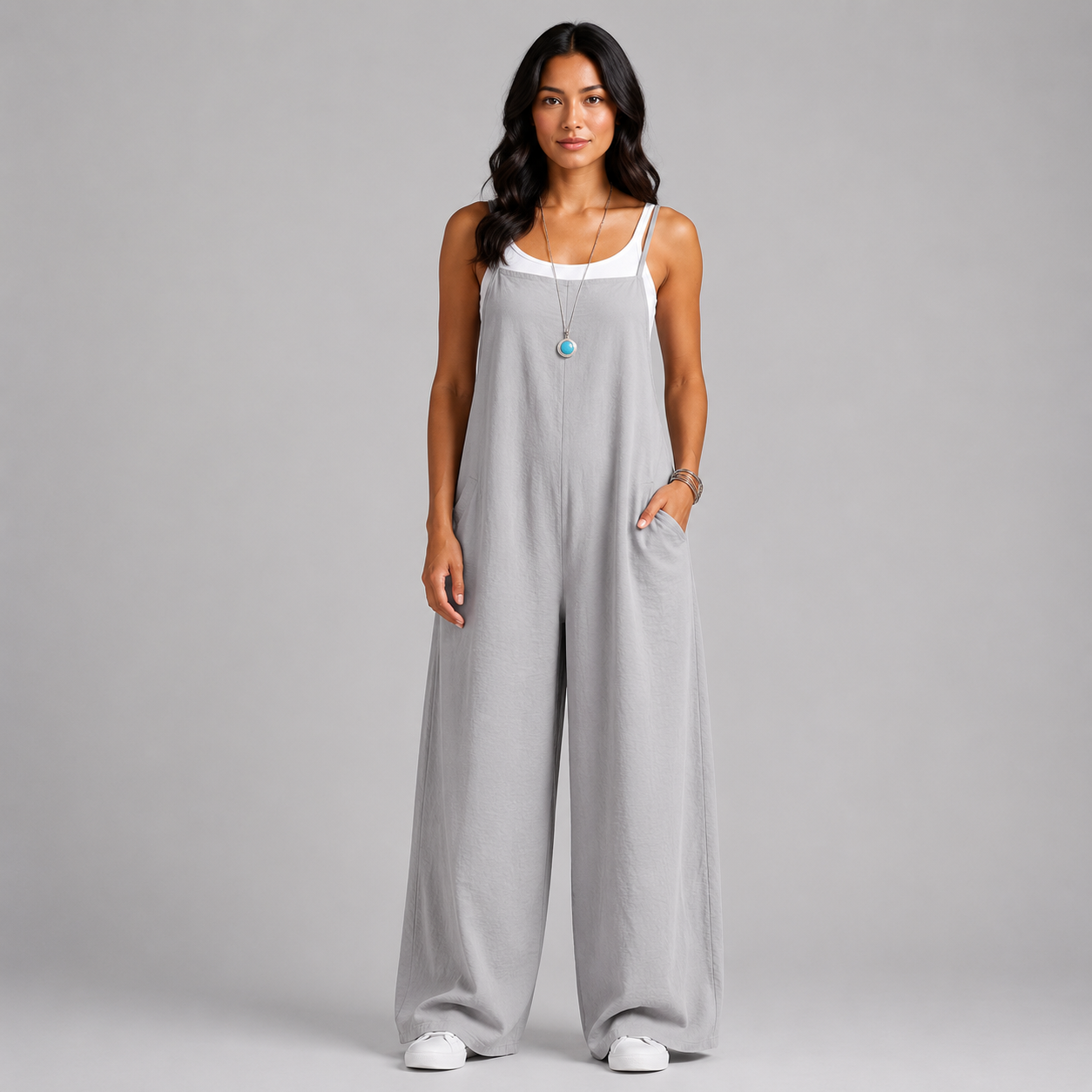 Women's Linen Wide Leg Pants Dungaree Jumpsuit