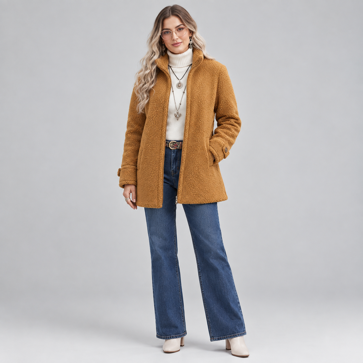 Women's Fluffy Teddy Fleece Full-Zip Jacket on a model, colour option