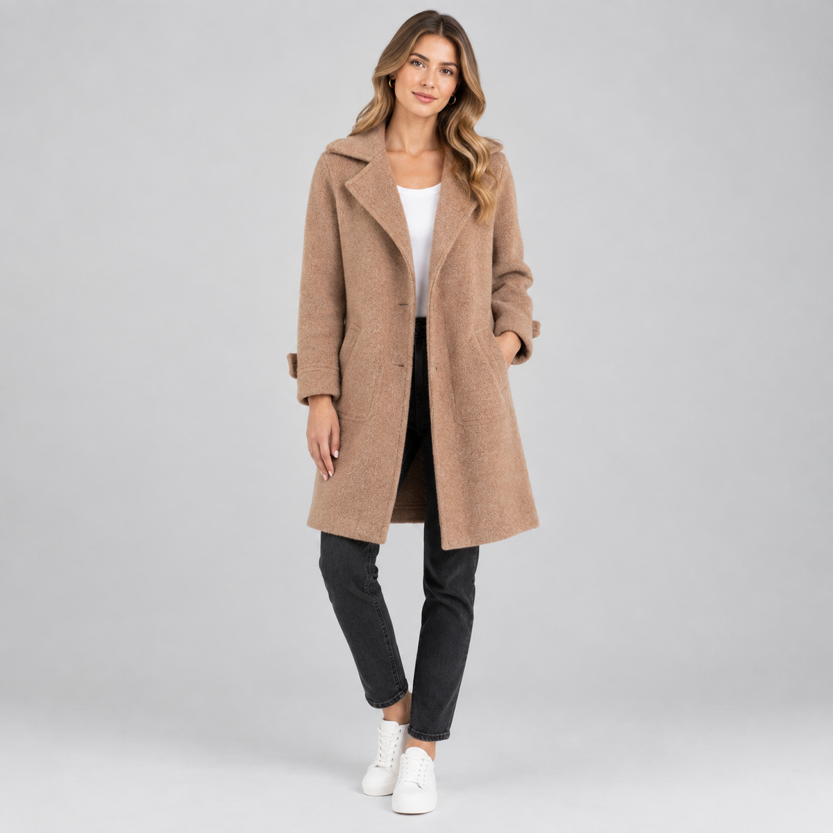 Women's Longline Button-Front Lapel Coat on a model, colour option