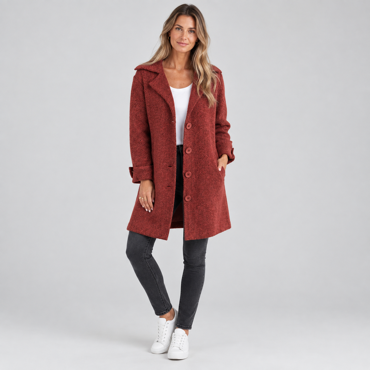 Women's Longline Button-Front Lapel Coat on a model, colour option